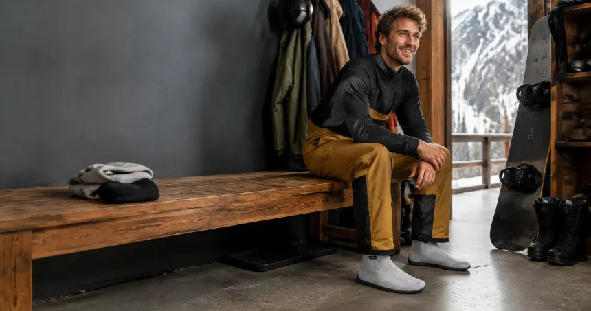 Skier changing into COOPS apres-ski footwear at a lodge