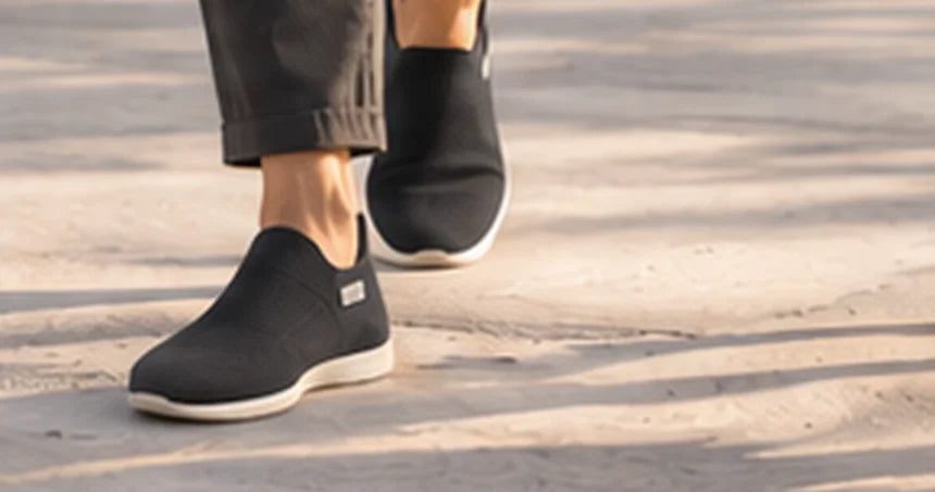 Person walking a dog on a sidewalk in COOPS sock shoes