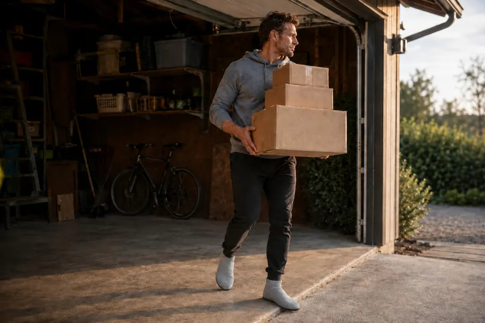 Homme portant des cartons dans un garage, en COOPS High Tops gris cendré.