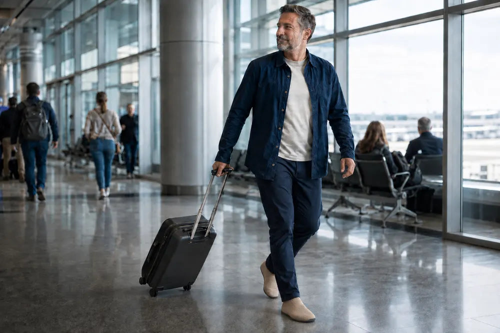 Traveler walking to his gate with rolling luggage in sand COOPS Low Tops.