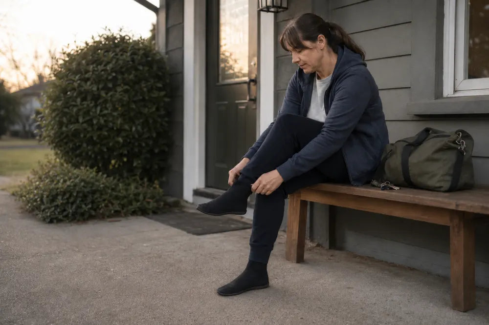 Woman putting on black COOPS High Tops by the door.