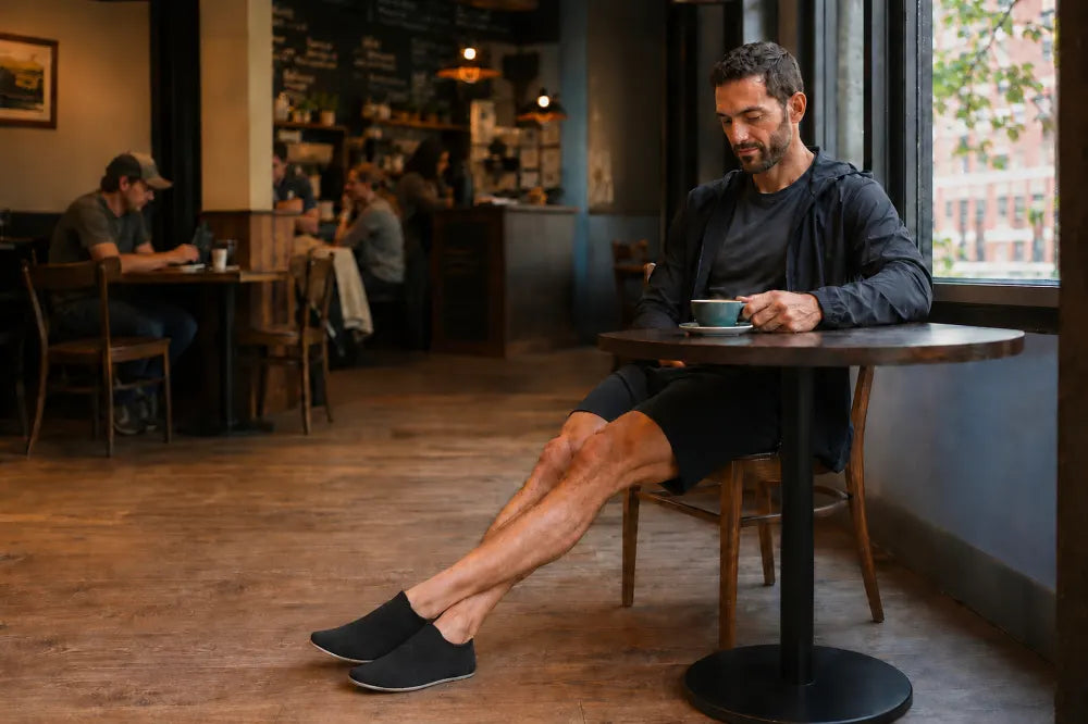 Runner at a cafe with his legs out in black COOPS Low Tops.
