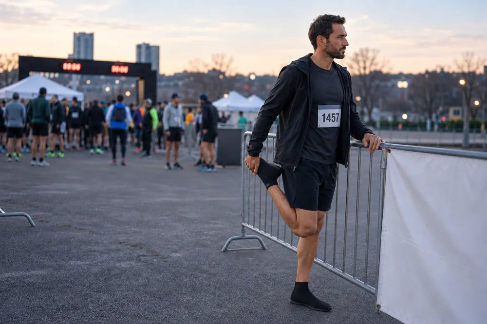 Runner in black COOPS High Tops before a race start.