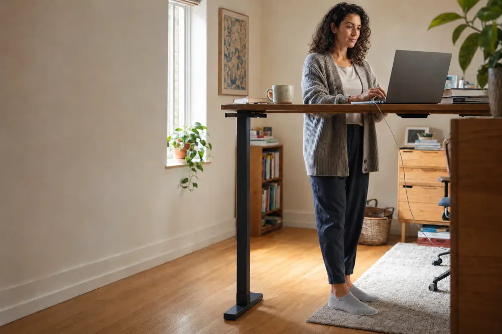 Woman at a standing desk wearing ash gray COOPS Low Tops.