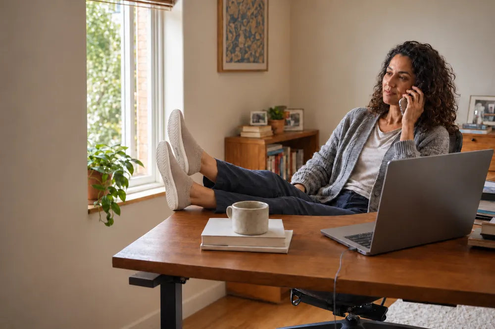 Woman on a call with her feet up on the desk in sand COOPS Low Tops.
