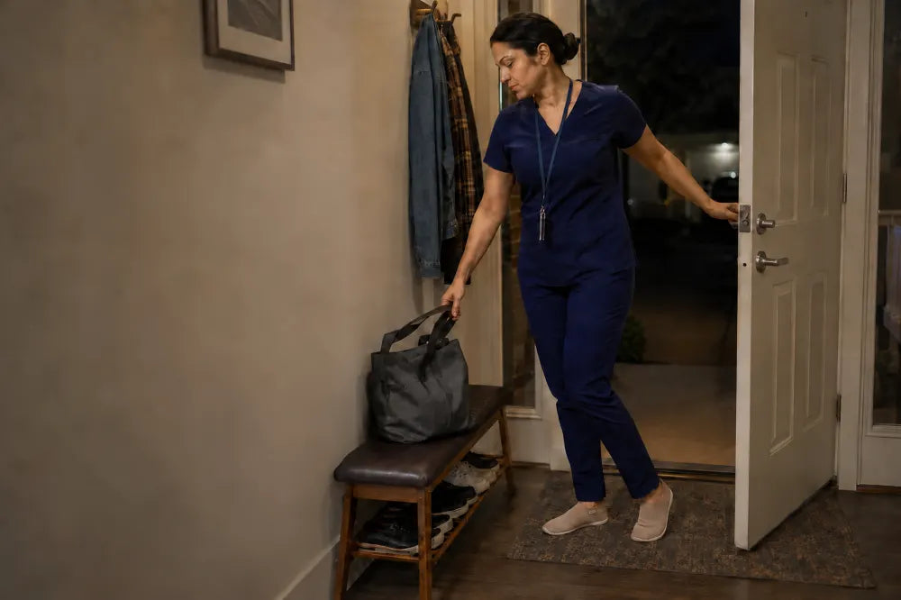 Nurse arriving home in sand COOPS Low Tops.