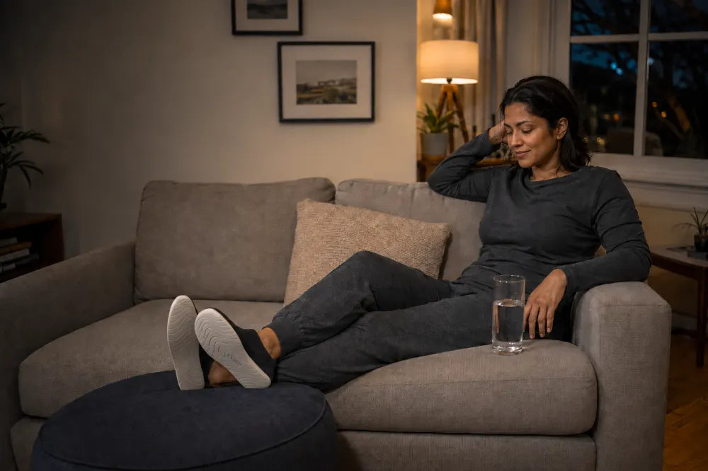 Nurse resting on a couch in black COOPS Low Tops.