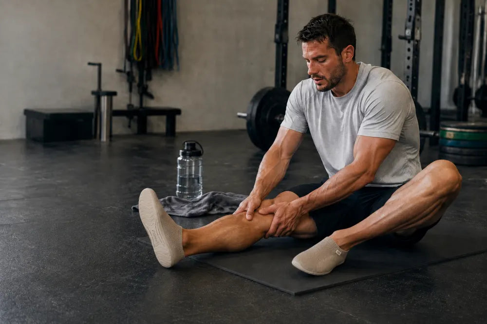 Athlete stretching on a mat in sand COOPS Low Tops.