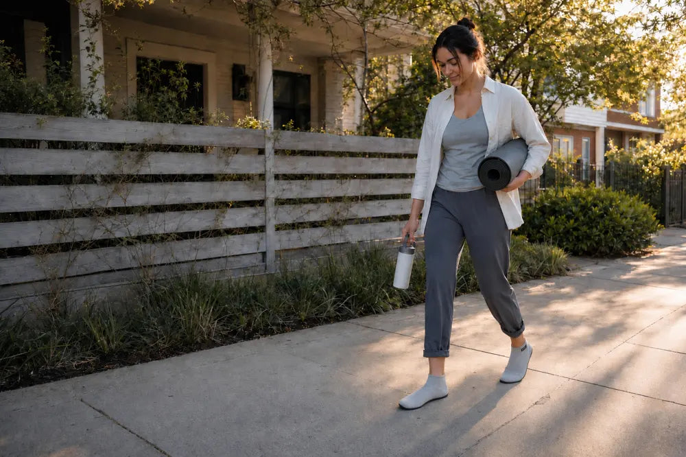 Mujer volviendo a casa del yoga con COOPS High Tops gris ceniza.