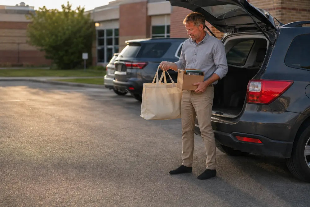 Teacher loading a car in black COOPS High Tops.