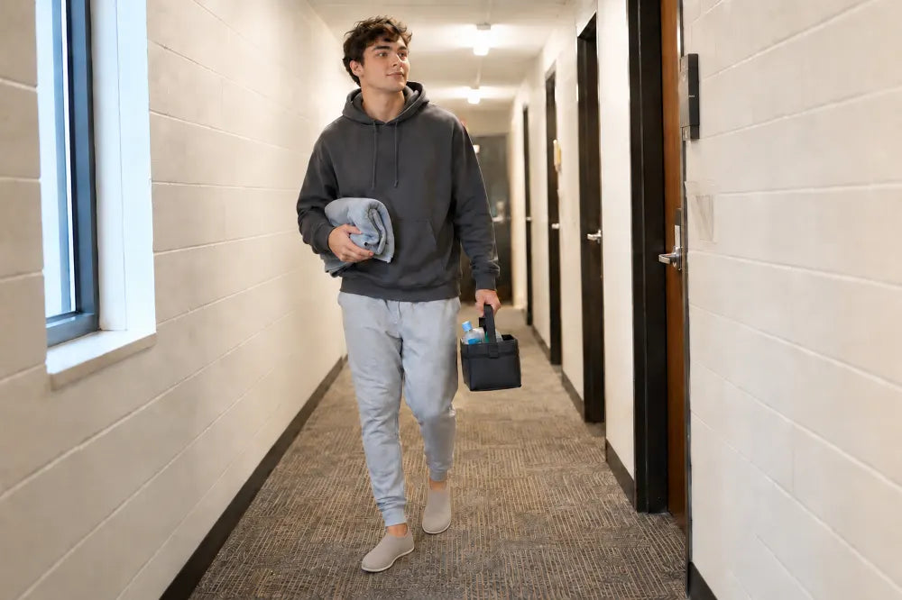 Student walking a dorm hallway in sand COOPS Low Tops.
