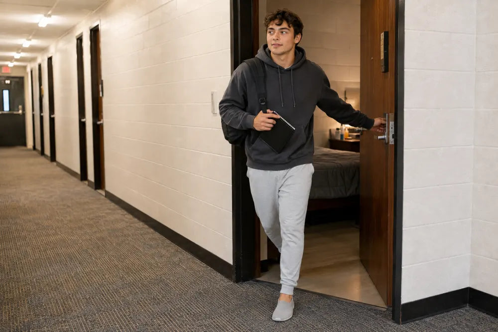Student leaving a dorm room in ash gray COOPS Low Tops.