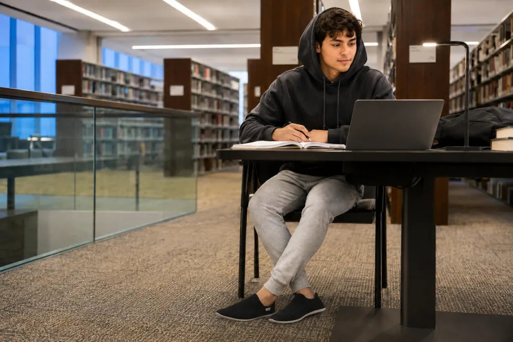 Student studying at a library desk in black COOPS Low Tops.