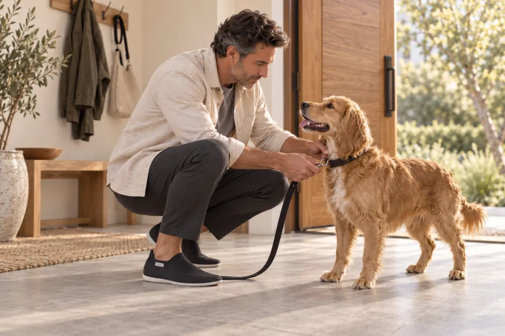 Persona poniéndole la correa a un perro con COOPS Low Tops negros.