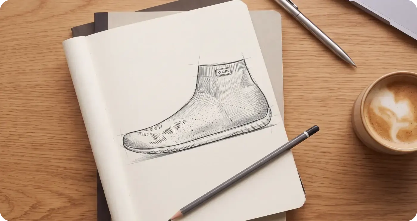 Early COOPS sketch of a sock shoe in a notebook