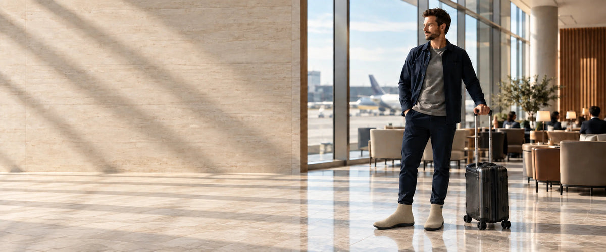 Voyageuse avec une valise cabine devant une baie vitrée d’aéroport, portant des chaussures-chaussettes COOPS High Top sable