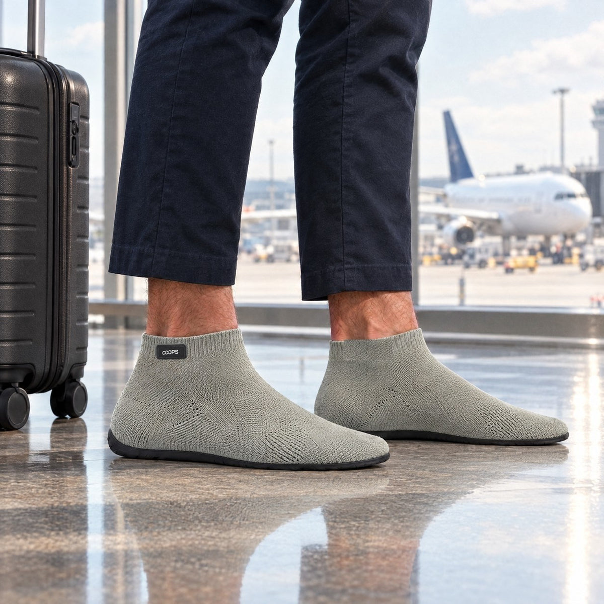 A traveller at an airport gate in Ash Gray COOPS sock shoes beside a carry-on suitcase
