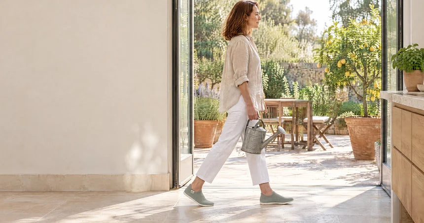 Person wearing COOPS indoor-outdoor house shoes at home