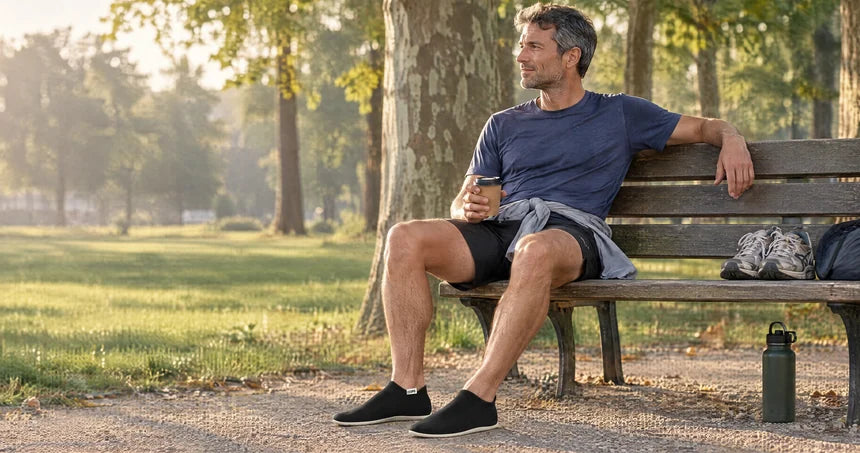 Runner wearing COOPS recovery shoes after a run