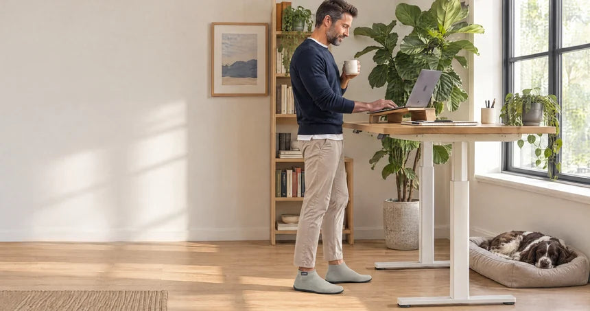 Person wearing COOPS work-from-home shoes at a standing desk