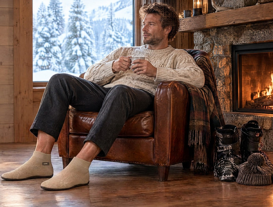 Snowboardeur se reposant sur un banc dans un refuge de montagne, portant des chaussures-chaussettes COOPS Low Top gris cendré