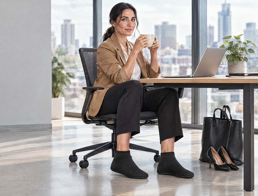 Woman walking out of an office lobby with a tote bag, wearing Black COOPS Low Top sock shoes