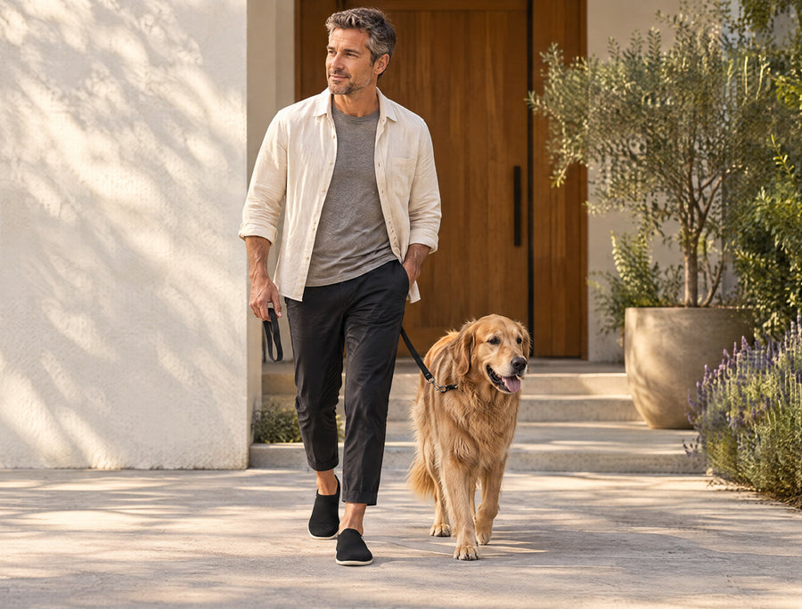 Hombre paseando a un golden retriever al salir de un patio soleado, con zapatos calcetín COOPS Low Top negros