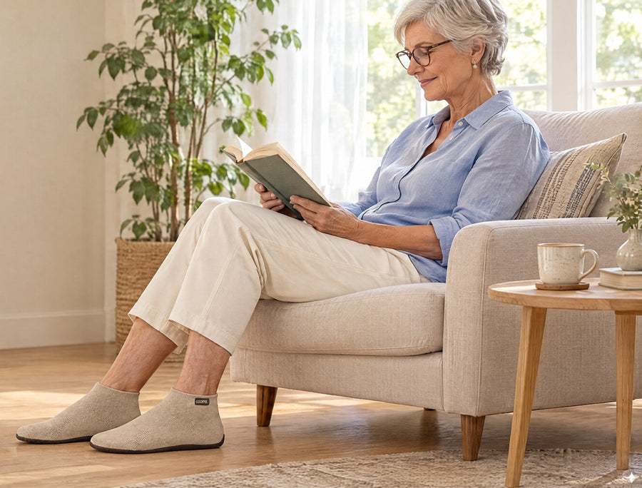 Older woman putting on Ash Gray COOPS Low Top sock shoes on a bench by the door