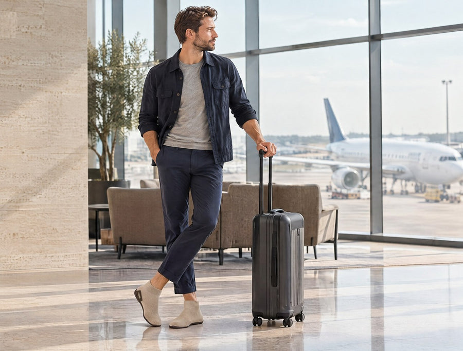 Traveller with a carry-on suitcase at an airport window, wearing Sand COOPS High Top sock shoes