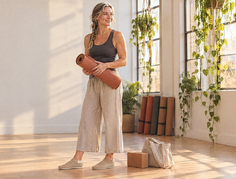 Mujer con su esterilla de yoga y un bolso tote, con zapatos calcetín COOPS Low Top color arena
