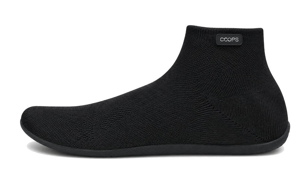 Black COOPS high top sock shoe, side profile