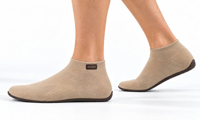 COOPS High Top in Sand, worn by a woman, walking