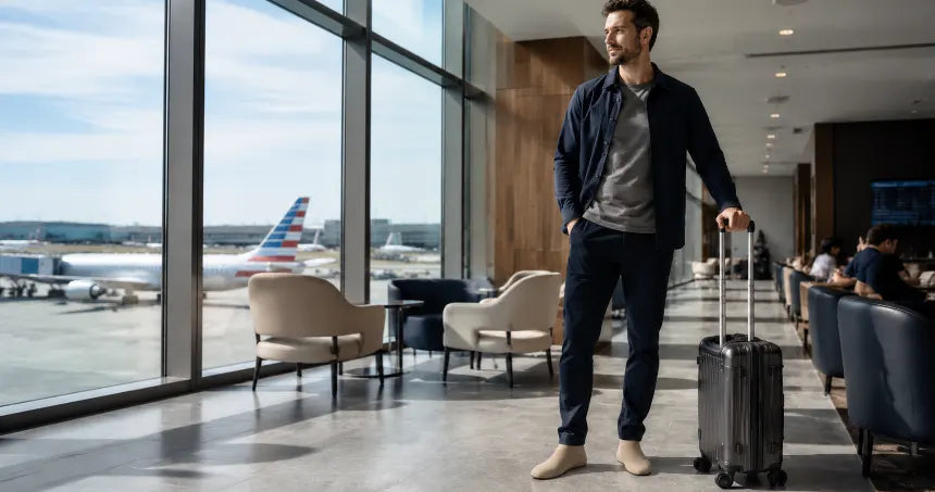 COOPS travel shoes packed beside a carry-on bag