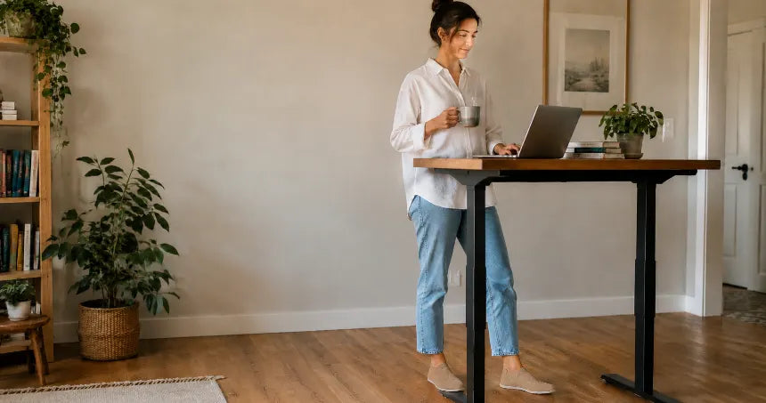 Person wearing COOPS work-from-home shoes at a standing desk