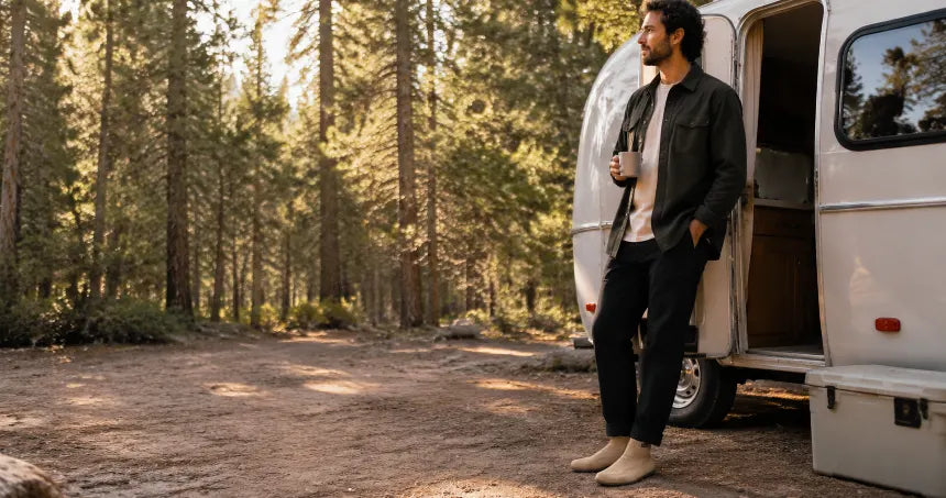 Person wearing COOPS camp shoes outside an RV