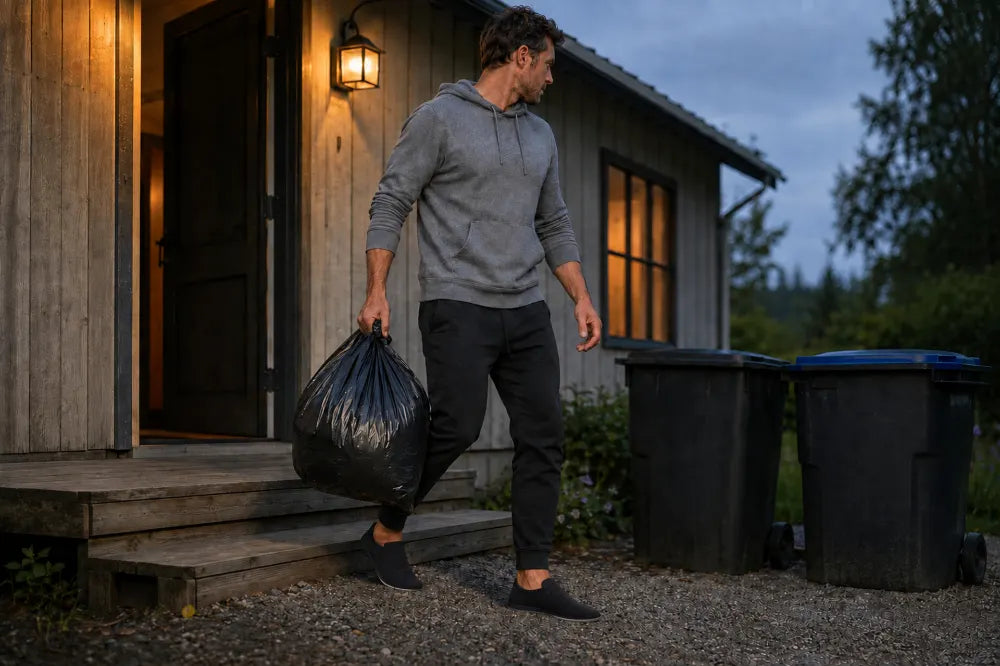 Man in black COOPS Low Tops walking across gravel to take out the trash.