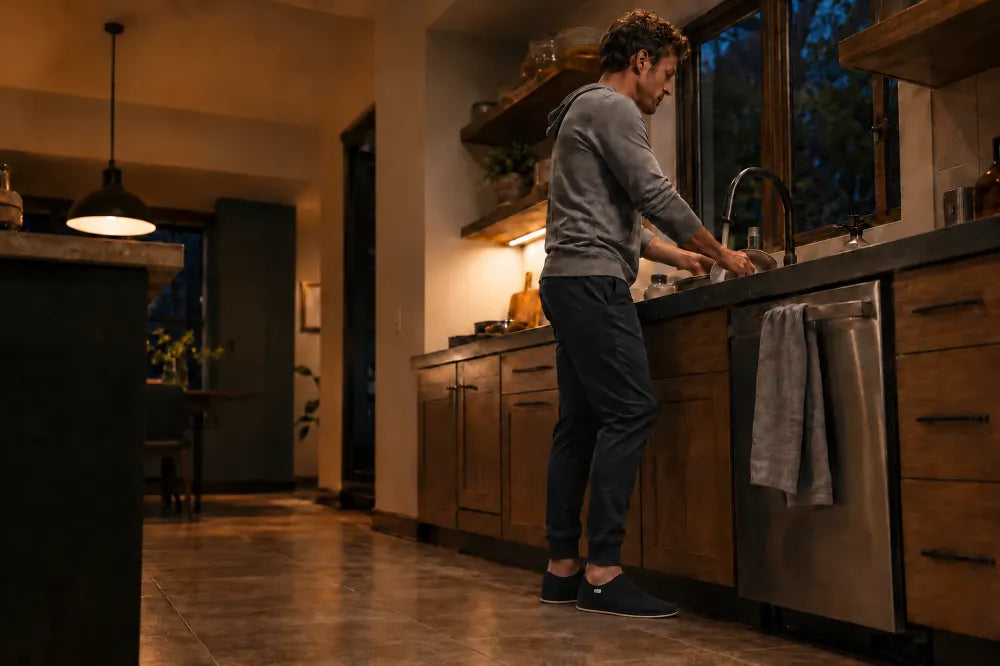 Man doing dishes at the sink wearing black COOPS Low Tops.