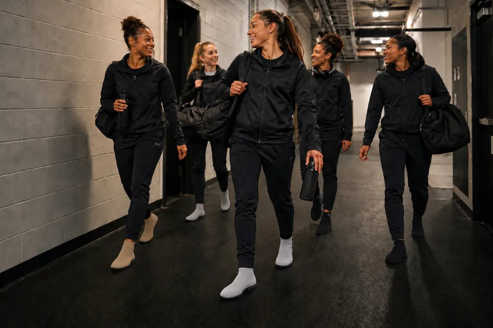 Athletes walking through a training facility, several wearing COOPS.