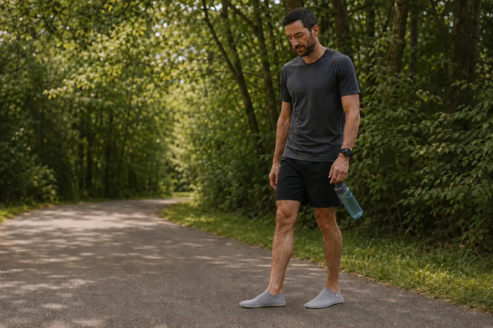 Runner walking a park path in ash gray COOPS Low Tops.
