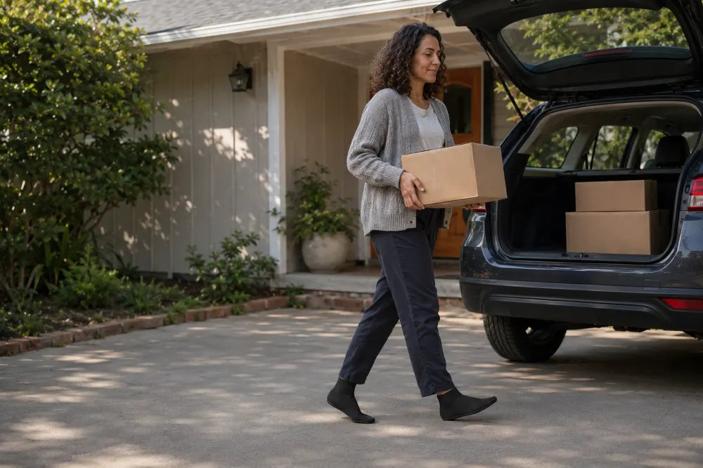 Woman loading boxes into a car wearing black COOPS High Tops.