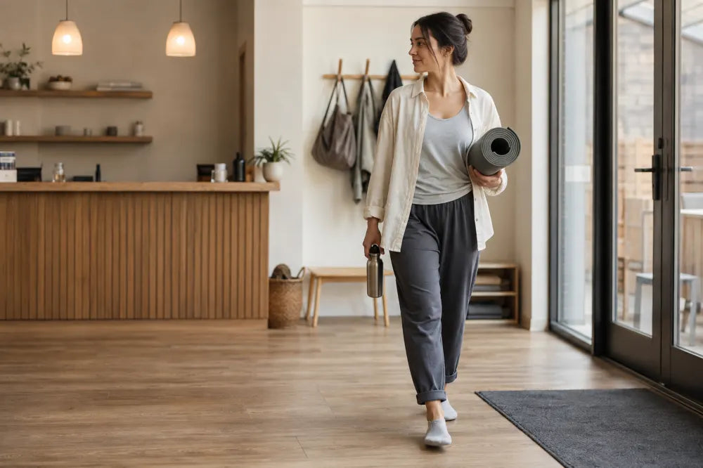 Woman arriving at a yoga studio in ash gray COOPS Low Tops.