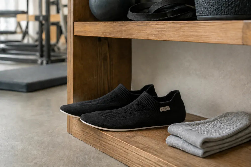 Black COOPS Low Tops on a studio shoe shelf.