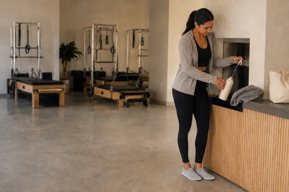 Woman at a studio water station in ash gray COOPS Low Tops.