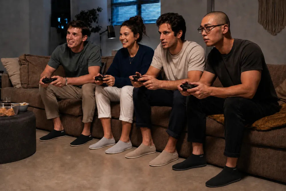 Four friends playing console games together, all wearing COOPS in different colors.