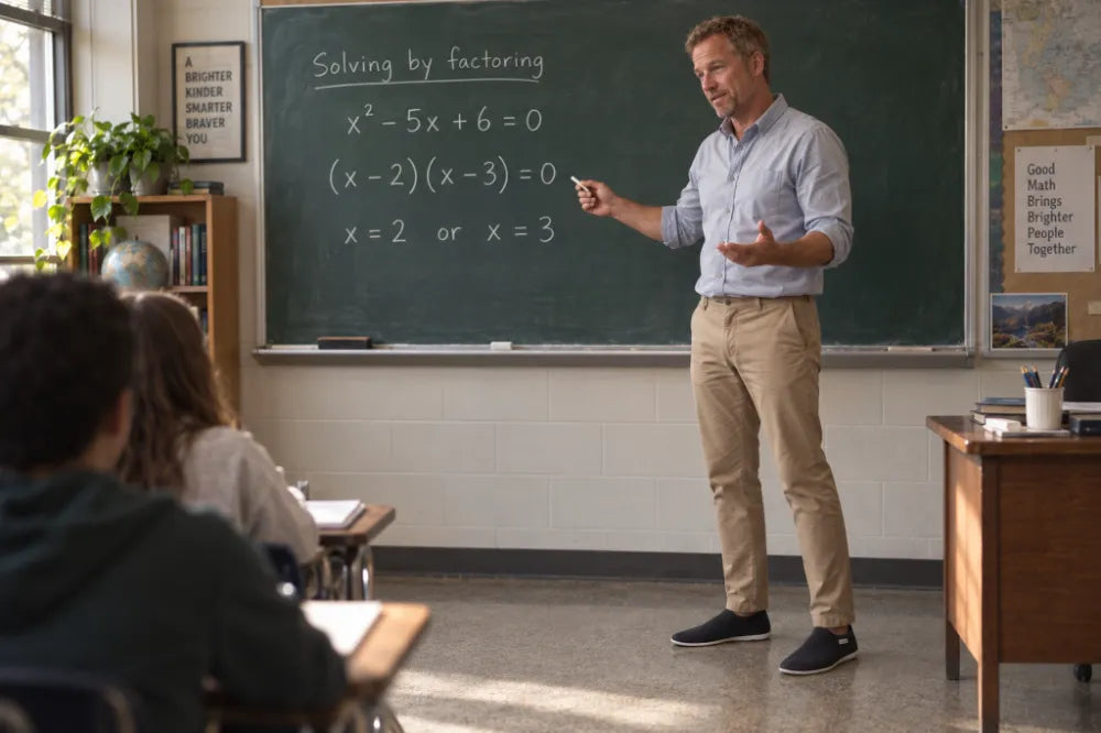 Teacher at a chalkboard leading a lesson in black COOPS Low Tops.