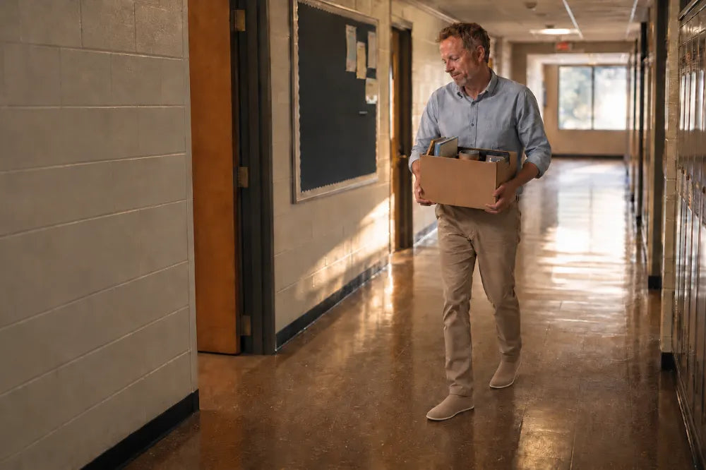 Teacher walking a school hallway in sand COOPS Low Tops.
