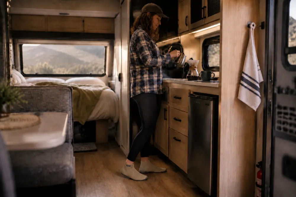 Traveler in an RV galley wearing sand COOPS High Tops.