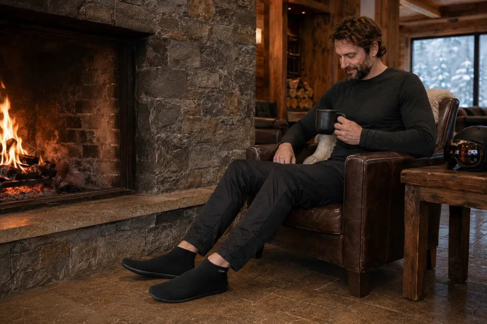 Skier warming his feet by a fireplace in black COOPS High Tops.