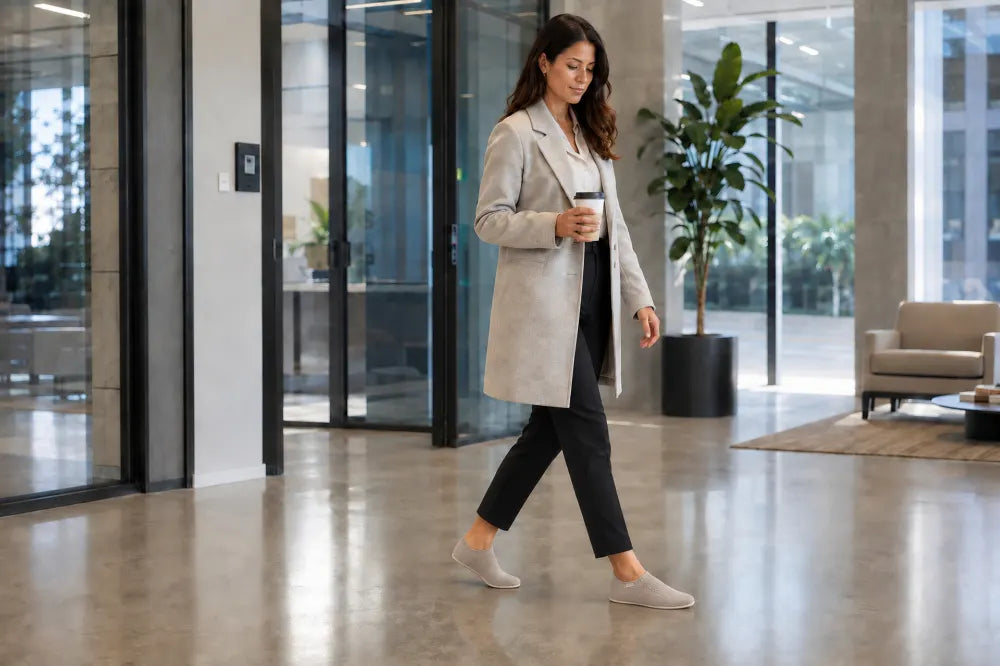 Commuter crossing an office lobby in sand COOPS Low Tops.