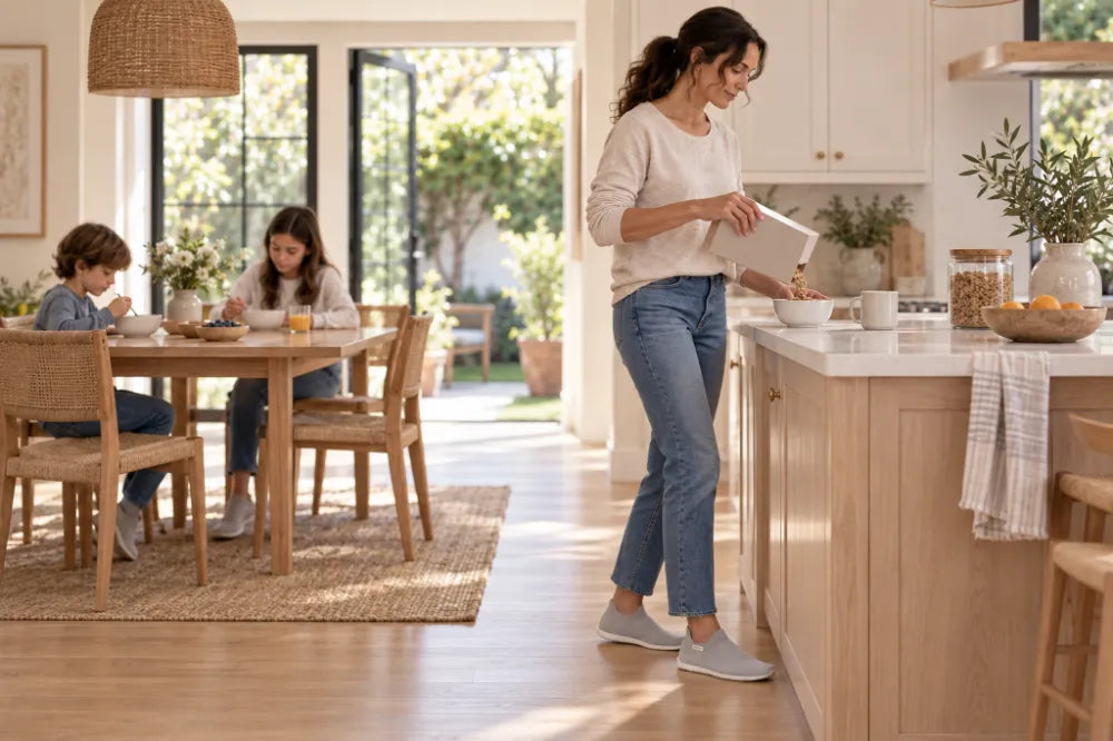 Parent making breakfast in ash gray COOPS Low Tops.